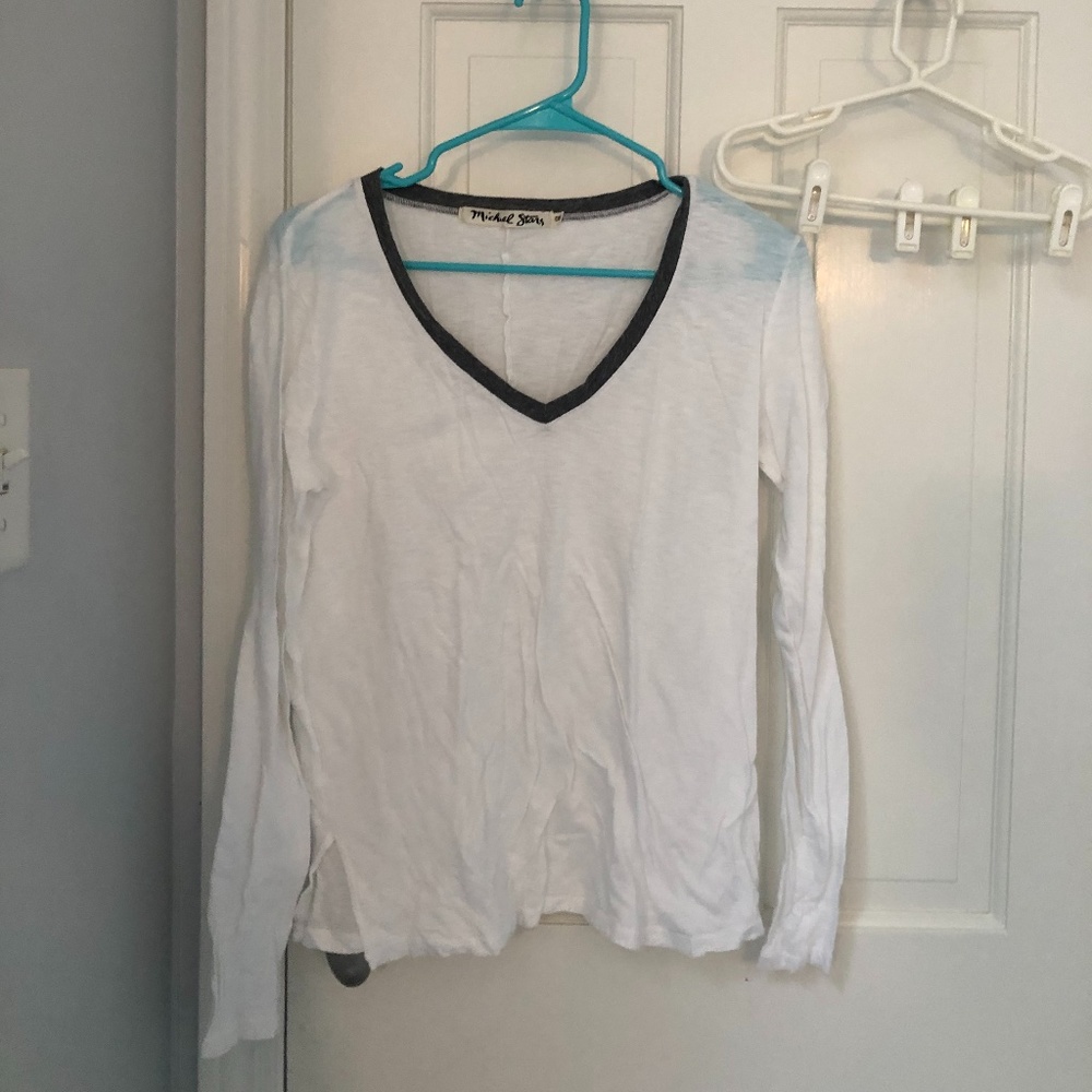 Michael Stars White Long Sleeve V-Neck Tee w Grey